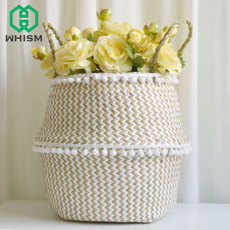 

WHISM 2019 Newly Seagrass Woven Flower Pots Planter Rattan Flowerpot with Tassel Flower Baskets Vase Storage Basket Home Decor