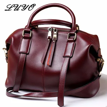 

LUYO Natural Cowhide Leather Handbags Fashion Women Boston Genuine Leather Vintage Shoulder Messenger Bags Female Laptop Tote