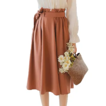 

Autumn Women A Line Cotton Middle Long Pleated Skirt Female High Waist Lace-up Skirts Ladies Vintage Loose Bow Sashes Skirts Q51