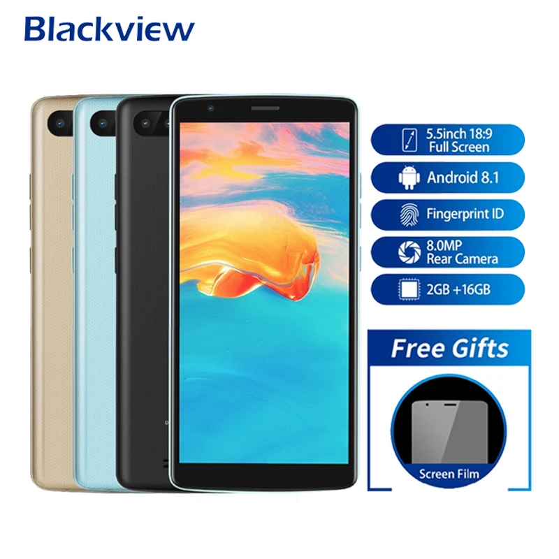 Blackview A20 Pro Smartphone Android 8.1 2GB+16GB 5.5 Inch 18:9 Full Screen MT6739 Quad Core 8MP Fingerprint 4G LTE Mobile Phone