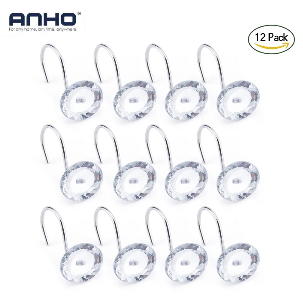 ANHO 12pcs/set Bathroom Shower Curtain Hooks Diamond Shape Crystal Hook