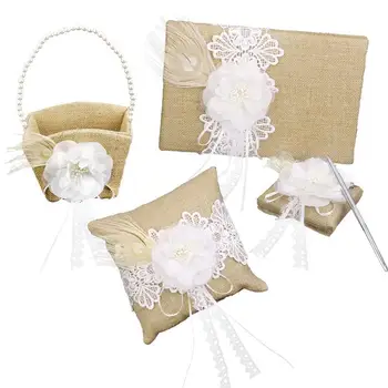 

4Pcs/Set Burlap Vintage Hessian Linen Lace Vintage Wedding Ceremony Guest Book Pen Holder Ring Pillow Flower Basket Decor