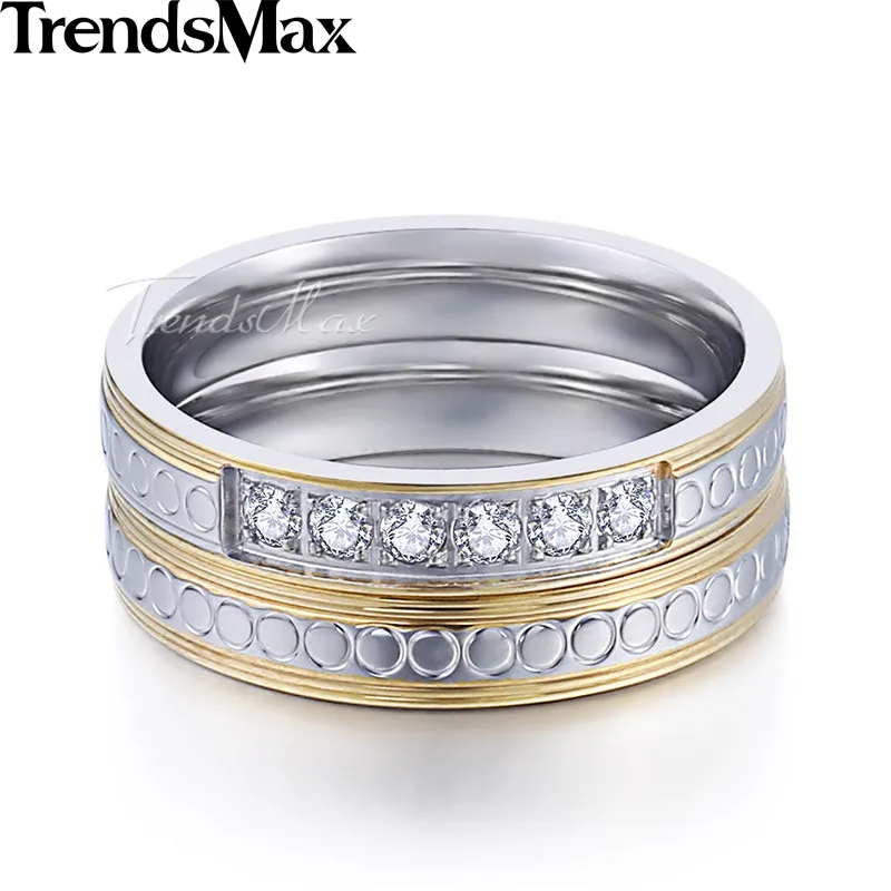 Trendsmax Rhinestones Ring Set Womens Girls Stainless Steel Wedding Engagement Gold Silver Tone 4mm KKR118
