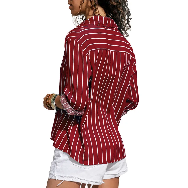 Полосатая блузка Женские топы и блузки с длинными рукавами Женская Офисная рубашка с длинным рукавом полосатая блузка рубашка плюс размер