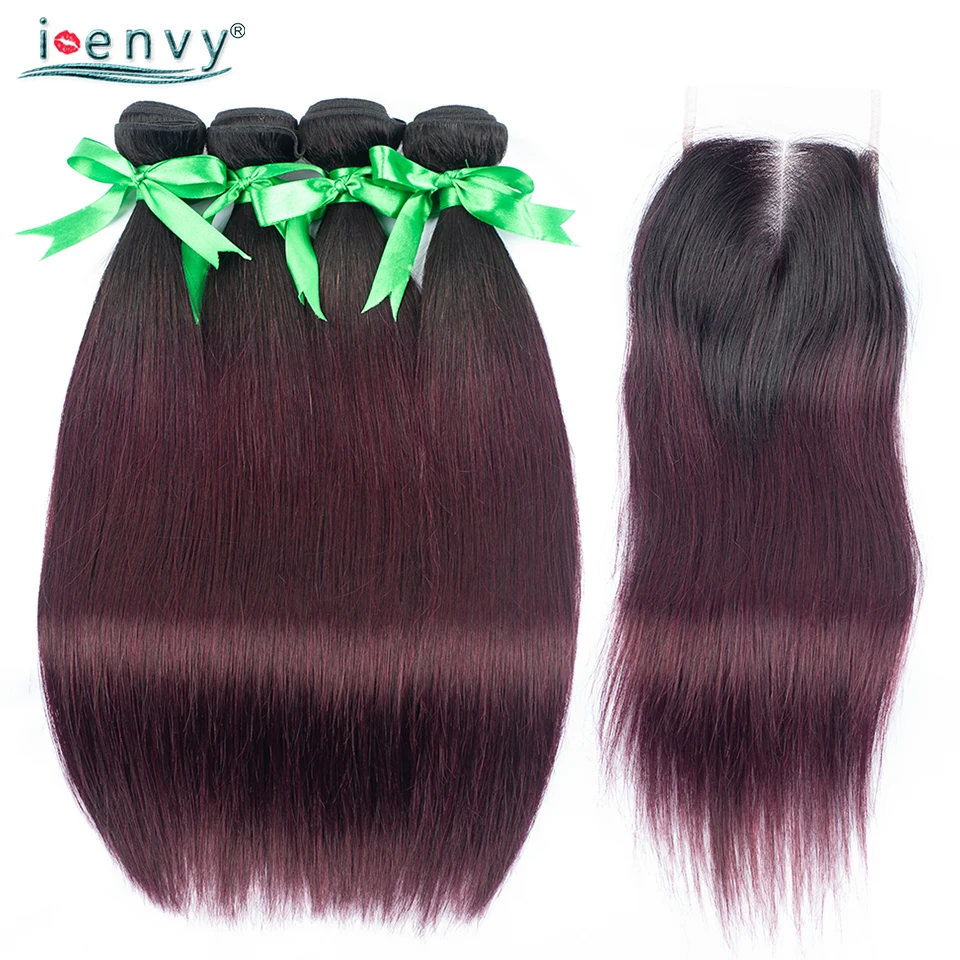 IEnvy Wine Red Hair Bundles With Closure 4Pcs Ombre Burgundy Straight Brazilian Human Weave Non Remy | Шиньоны и парики