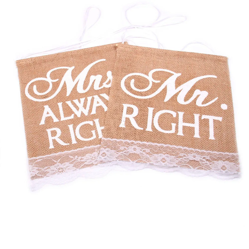 

2 Pcs Khaki Wedding Party Khaki Mr Right & Mrs Always Right Pattern Chair Sign Bunting Banner Rustic Lace Decor Burlap