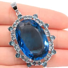 Long Big Gemstone 30x20mm Oval London Blue Topaz Woman's Silver Pendant 51x31mm