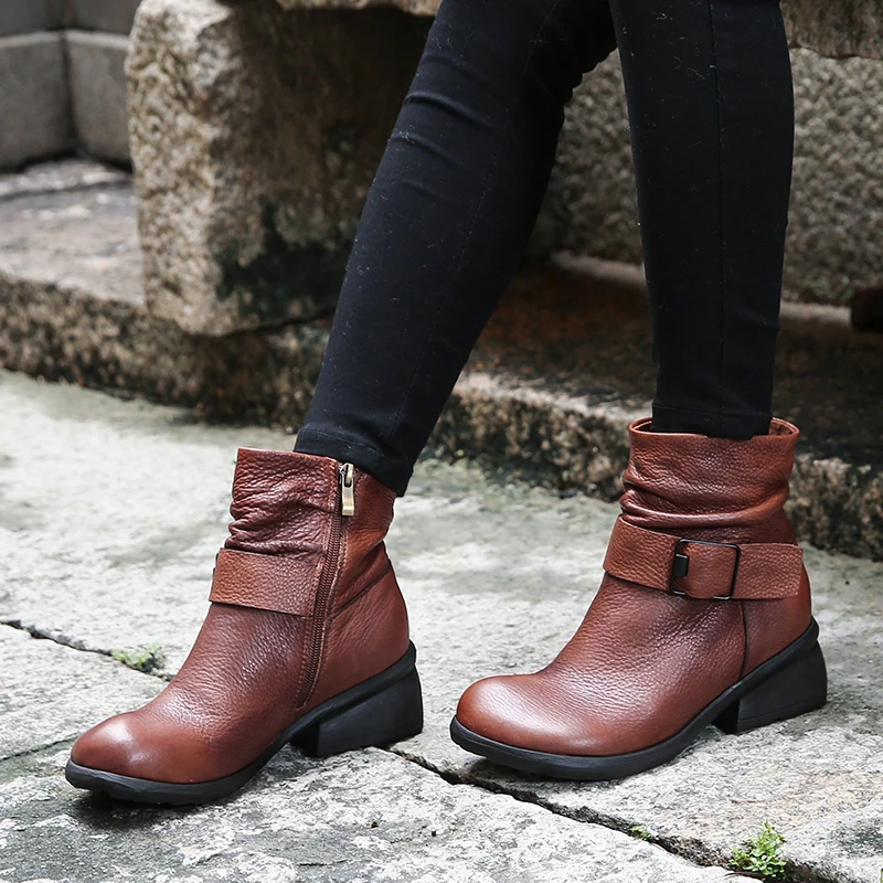 

Strap Buckle Design Women Boots Original Leather Pleated Female Booties Block Heel Round Toe Comfort Lady Ankle Shoes
