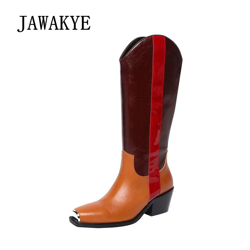 

New Genuine Leather Women boots 2018 Square Heel Metal Toe Gladiator Knee high Boots Stripes Winter Shoes Combat Martin boots