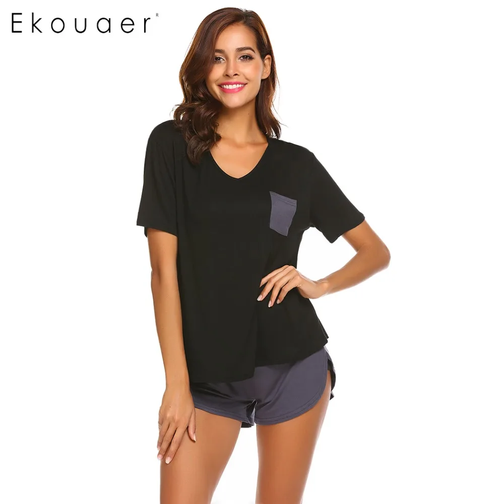 Ekouaer, женская короткая сексуальная пижама, короткий рукав, Camisole Cami, набор, новинка, весна-лето, домашняя одежда, хлопок, ночная рубашка, костюм