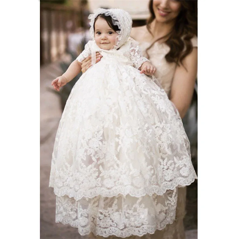

New Royal Noble Short-sleeved Double-layer Long Full Lace Christening Dress Custom Made Baby Baptism Clothing Baby Photo Props