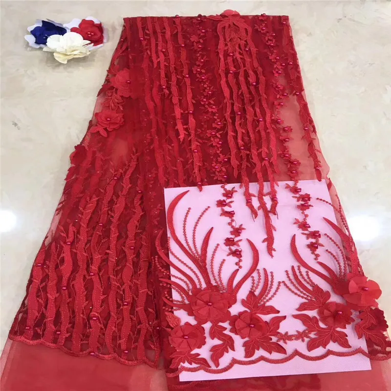

HFX Latest African Laces 3d Applique Embroidered Red Dress Lace High Quality Tulle Net Lace Beaded French Lace Fabric X1076-2