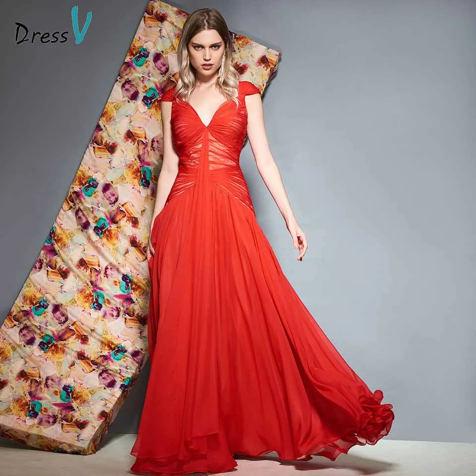 

Dressv red evening dress v neck cap sleeves pleats floor length a line chiffon wedding party formal dress evening dresses
