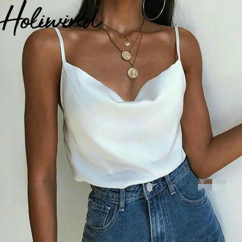 

2019 Women Summer Sleeveless Satin Cami European Streetwear Causal Camisole Multi Colors Summer Tops