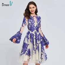 Dressv трапециевидной формы с длинными рукавами элегантное платье для выпускного вечера аппликации Кружева оборками Кнопка сладкий 16 Выпускные платья