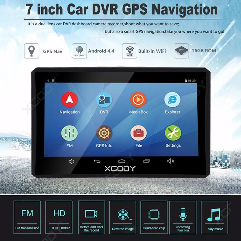 XGODY X7 " Автомобильный видеорегистратор gps WiFi Android 4,4 сенсорный экран навигационная Автомобильная камера 1080P Dash камера 512 М+ 16 Гб AvIn карта Dashcam навигатор