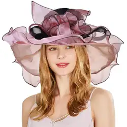 VBIGER Для женщин Винтаж органза шляпа от солнца цветочные оборками летняя пляжная шляпа Широкий Большой Брим Чай вечерние свадебные шляпа от