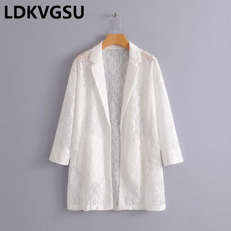 

2018 New Spring Summer Women Fashion Nine Sleeves Lace Suit Cardigan Coat Solid Color White/Black/Pink Long Blazer Female Is673