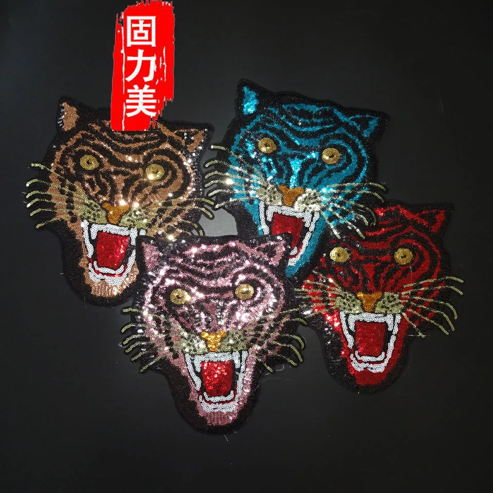 

1pc sequins Embroidered big large tiger head iron On Patches with glue Applique DIY Lace Clothing Accessory coat Sweater Fleece