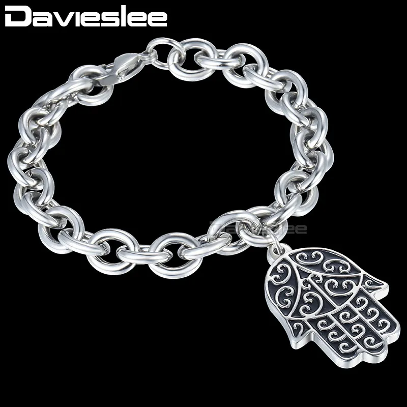 Davieslee Хамса ручной Шарм мужской браслет цепочка Rolo Link из нержавеющей стали серебряный тон 9,5 мм DKB595
