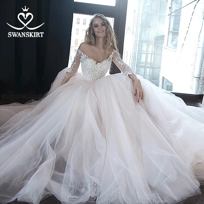 Бальное платье с аппликацией, свадебное платье,, Swanskirt, Милое Свадебное платье с длинным рукавом, модное платье со шлейфом, Vestido de novia HZ14