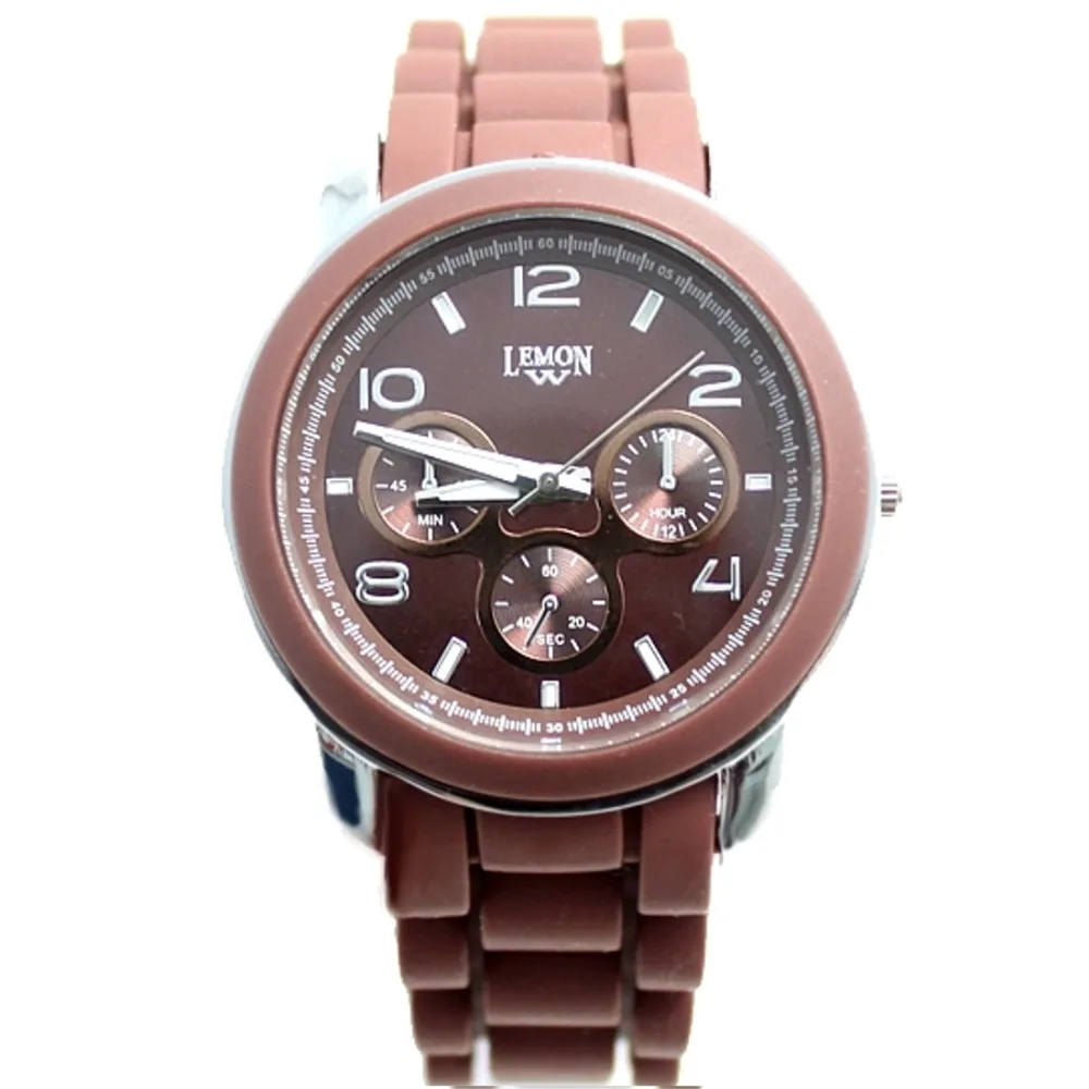 

ALEXIS 1111 FW831E Round PNP Shiny Silver Watchcase Silicone Brown Band Unisex Fashion Watch