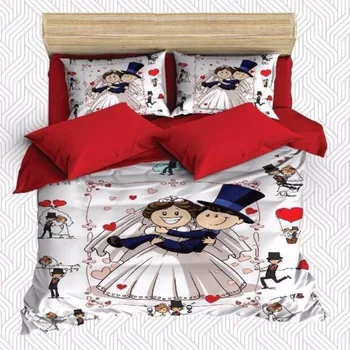 

Else 6 Piece Funny Wedding Cartoon Love Red Hearts 3D Print Cotton Satin Double Duvet Cover Bedding Set Pillow Case Bed Sheet