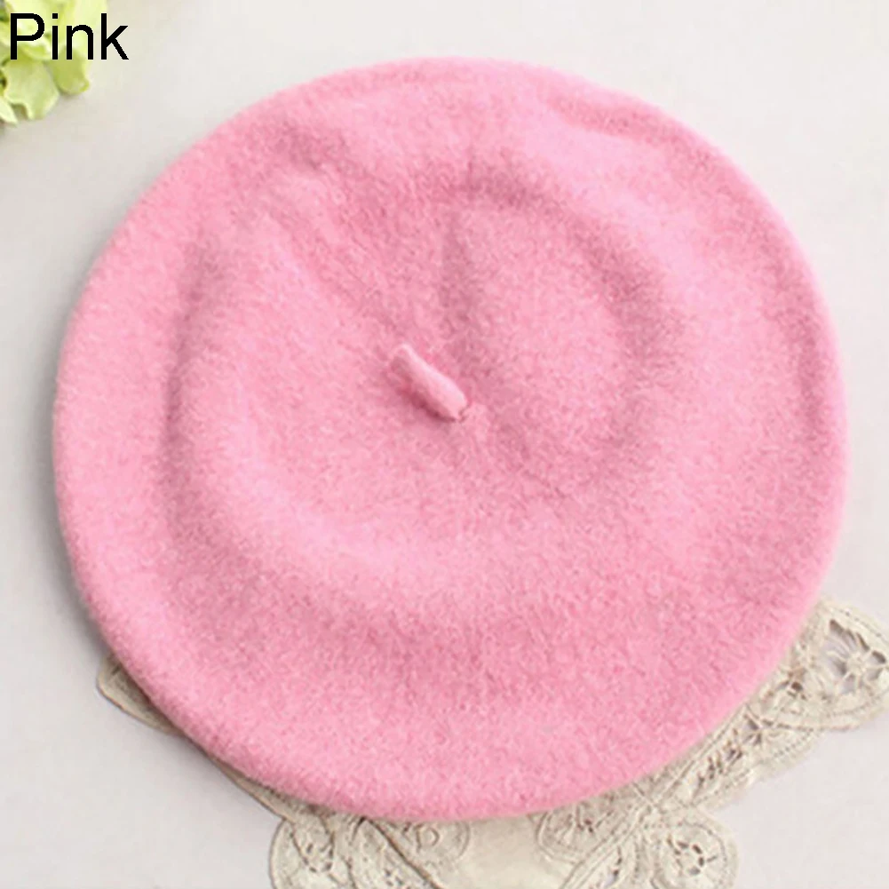 Классический сплошной цвет Зимний французский стильный берет художника шляпа Повседневная Женская кепка подарок - Цвет: Розовый
