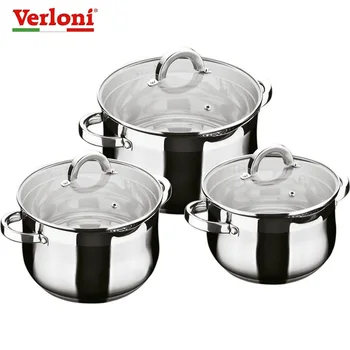 

Cookware set cooking Verloni VL-ST4I6S96 "Sicily" 6 items Home kitchen set pan stainless steel with glass cover Cooking pots and pans