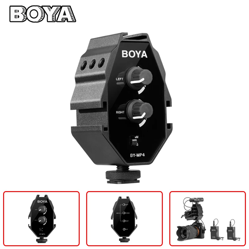 

BOYA BY-MP4 2-channel Mic Audio Adapter with Mono & Stereo Switch Dual Mounting for Smartphone Canon Sony DSLR Camera Camcorder