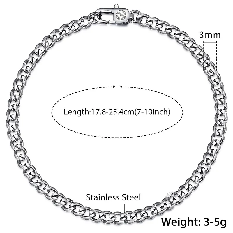 Нержавеющая сталь полированный браслет для Для мужчин звеньевая цепочка с крупными звеньями кубинской Для мужчин браслет черный, серебристый цвет золота ювелирные изделия 3/5/7/9/11 мм DKBM158 - Окраска металла: 3mm Silver