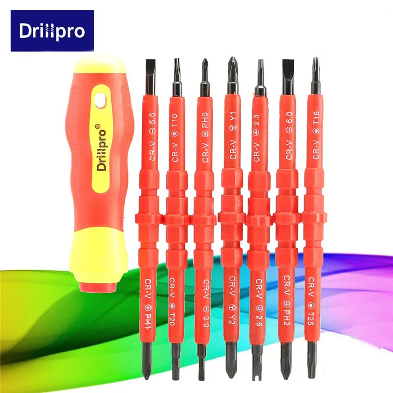 

Drillpro 7Pcs 500V Hand Screwdriver Tools Insulated Electrical Single Head CRV Slotted Phillips Magnetic Herramientas