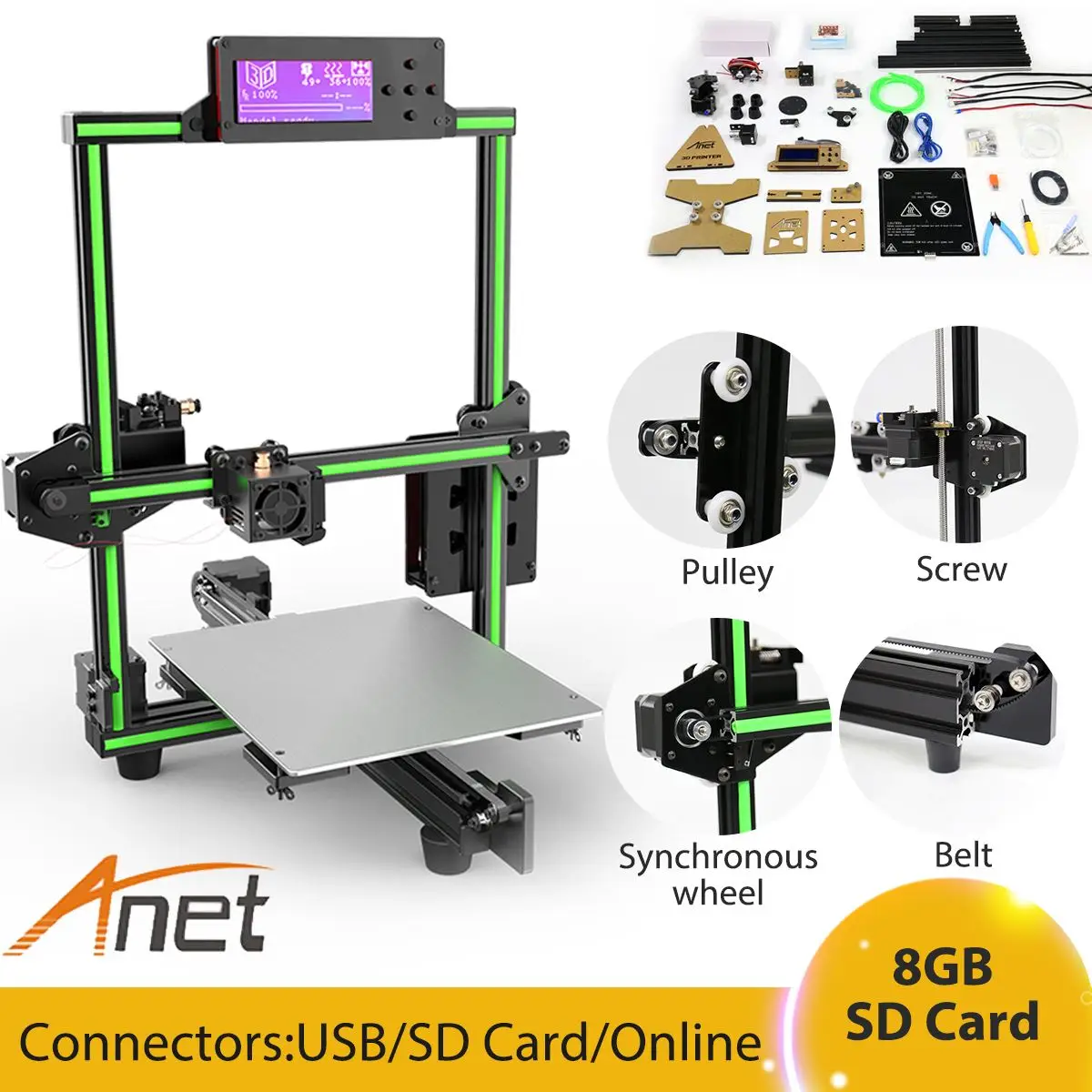 

Anet E2 3D Printer Kit Big Printed Size DIY Delta LCD With PLA Filament With 8GB Sd Card EU/UK Plug