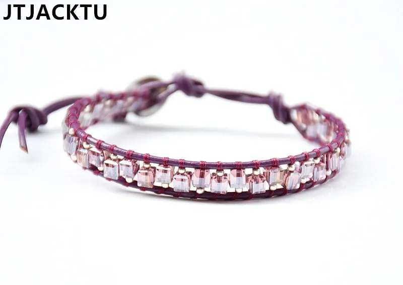 

purple square crystal mix seed beads wrap bracelet on purple leather