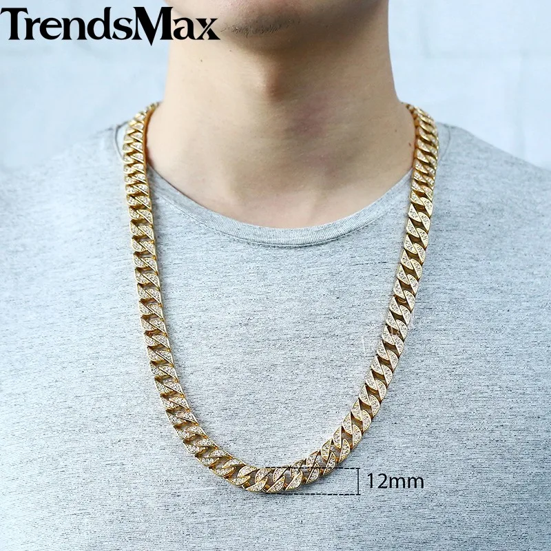 Trendsmax, хип-хоп, Iced Out, полностью Стразы, для мужчин, ожерелье, золото, нержавеющая сталь, цепочка на шею для Мужчин, Ювелирные изделия, KHN109