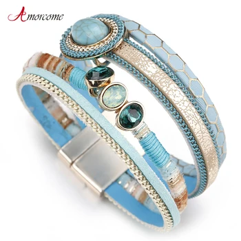 

Amorcome Blue Stone Leather Bracelets For Women Rhinestone Crystal Vintage Bohemian Wide Bracelets & Bangles Female Jewelry