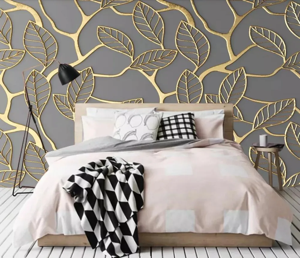 Креативные Золотые листья гостиной ТВ фон профессиональное производство фрески оптовая продажа, обои на заказ фото стены