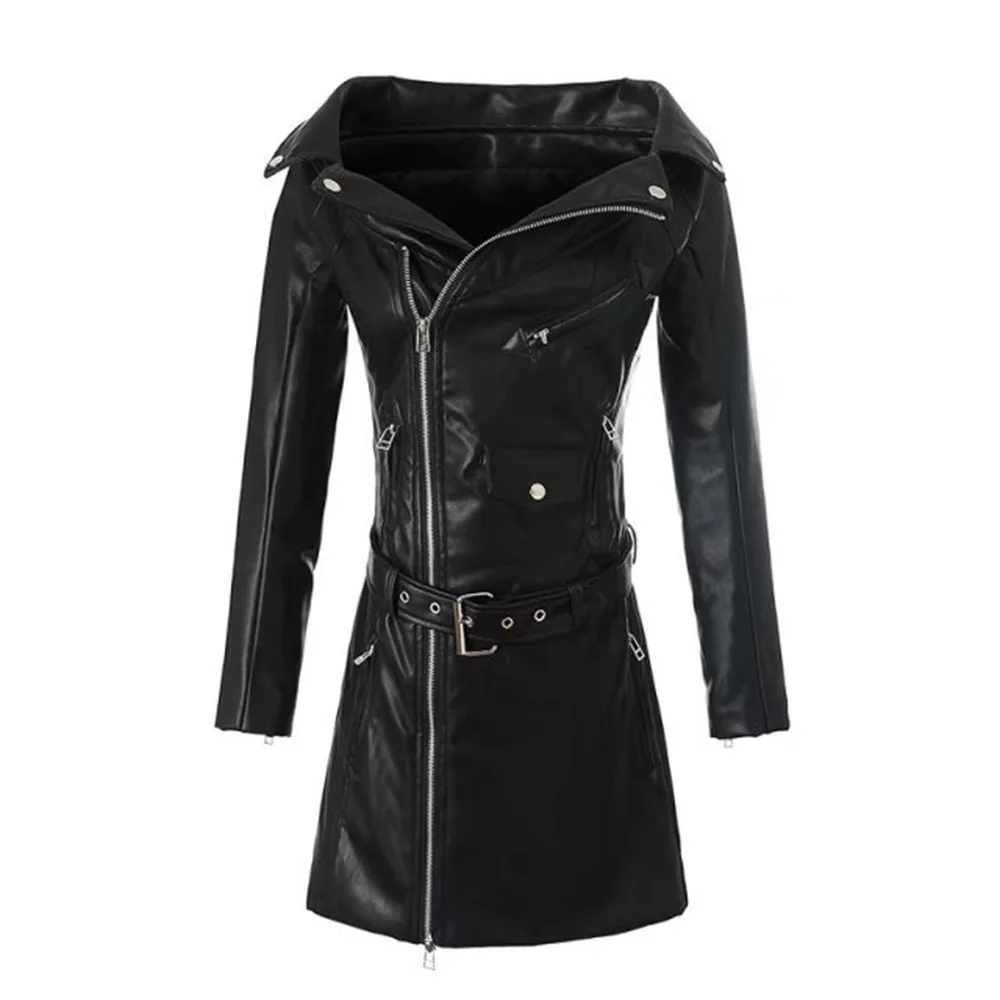 faux leather PU Jacket Women Winter Autumn cool mid length Motorcycle