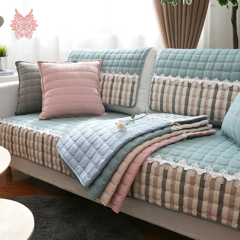 Lace stripe style blue pink green cotton quilted sofa cover slipcovers