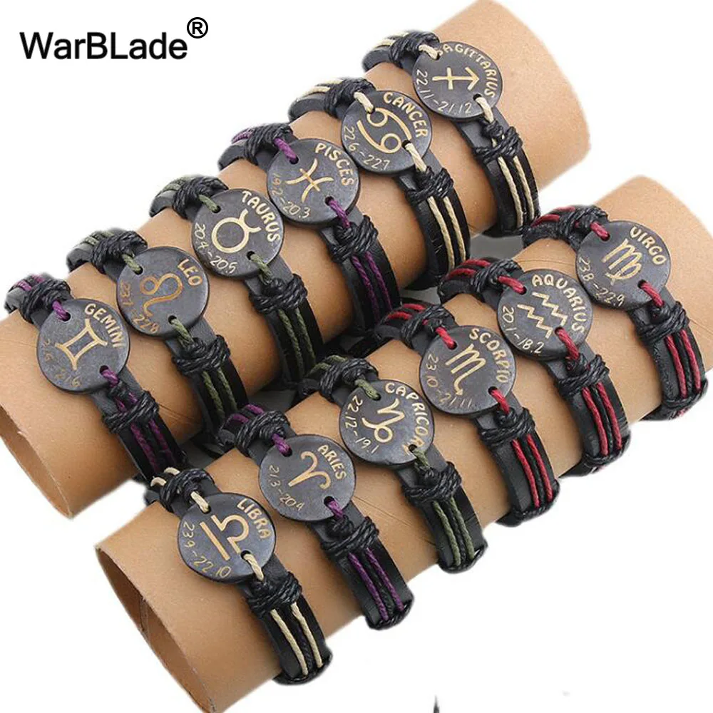 12pcs/set Wholesale 12 Constellations Bracelets Bangles Fashion Leather Bracelet Men Women