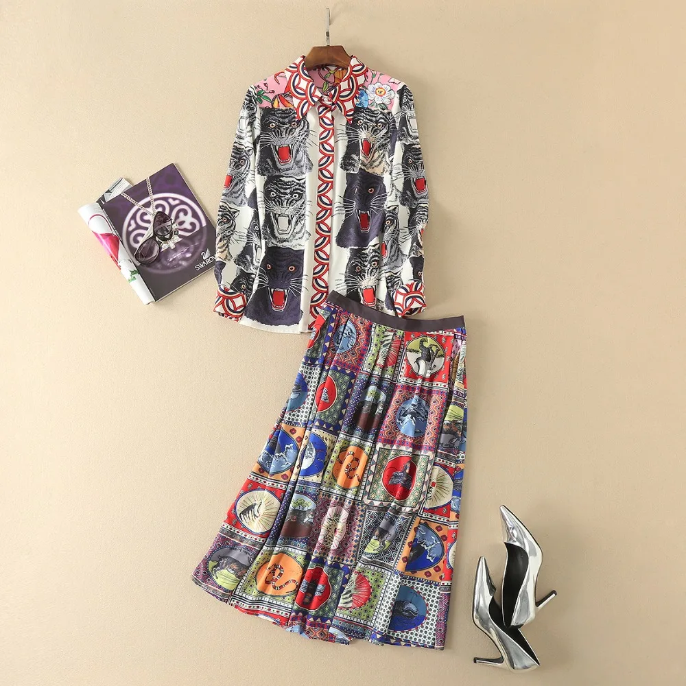 

2018 Tiger Snake Print Blouses And Skirts Designer 2 Pieces Sets Women Turn Down Collar Long Sleeves roupas feminina 801012