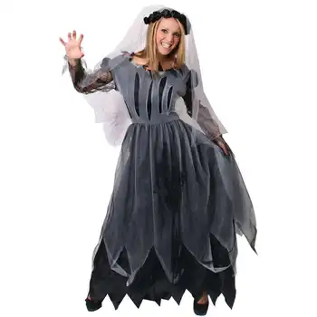 

LADIES GHOST BRIDE COSTUME RIPPED HALLOWEEN FANCY DRESS AND VEIL DEAD WEDDING WOMENS ZOMBIE CORPSE OUTFIT
