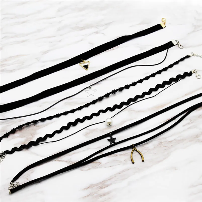 NEW Fashion 6 Pieces chokers necklaces Set Stretch Velvet Classic Gothic Lace Party Jewelry Neck accessories Collar A08#N (5)