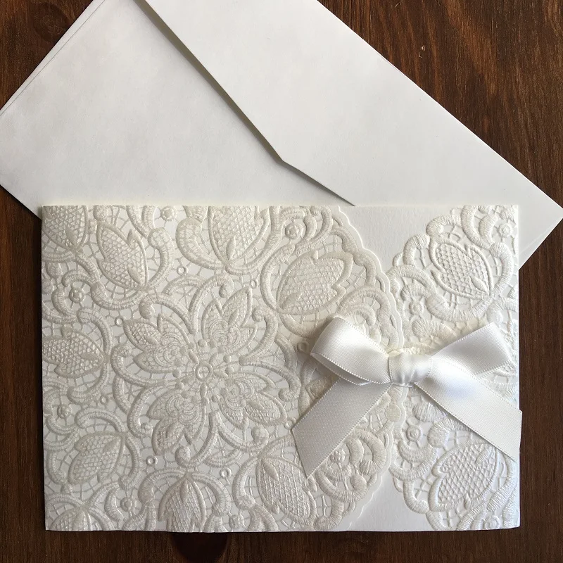 

L017 Elegant Wedding Invitation card classic desing while color with satin bow, 10 pcs per pack