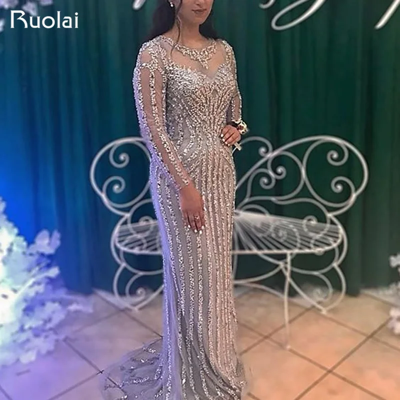 Luxury Beaded Evening Dresses Long Sleeves Scoop Mermaid