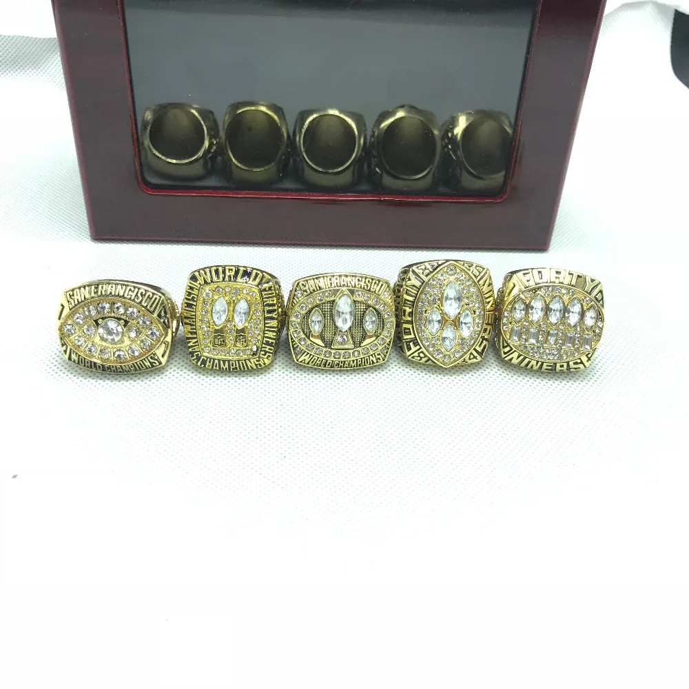 

5pcs zinc alloy 1981/1984/1988/1989/1994 San Francisco The 49ers Championship Rings set With Wooden Box