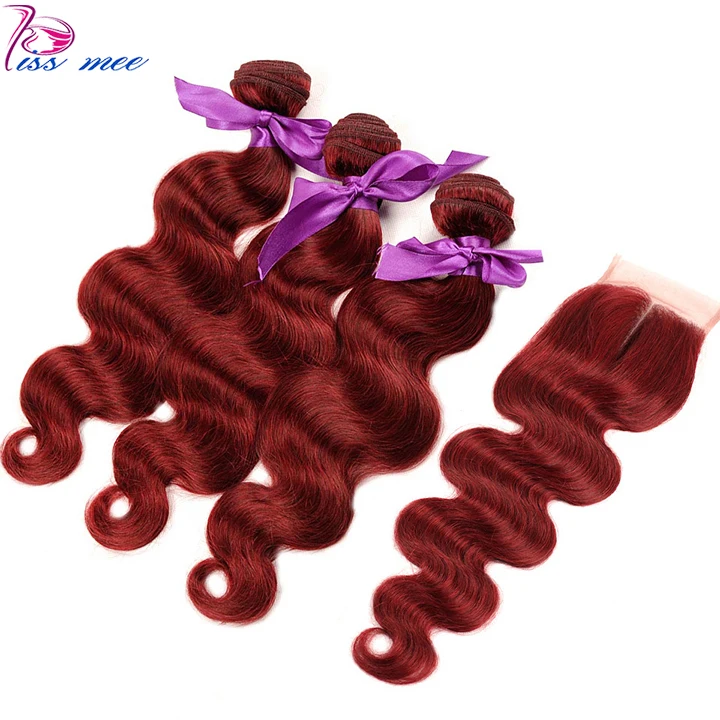 

Kiss Mee Burgundy Human Hair Bundles With Closure 99J Red Body Wave 3 Bundles With Closure Brazilian Hair Weave Bundles Remy