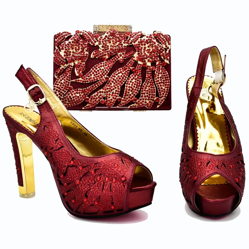 

Sandal shoes and clutches bag 2018 hot sales wine red color african italian shoes and bag set matching size 37 to 42 SB8268-1