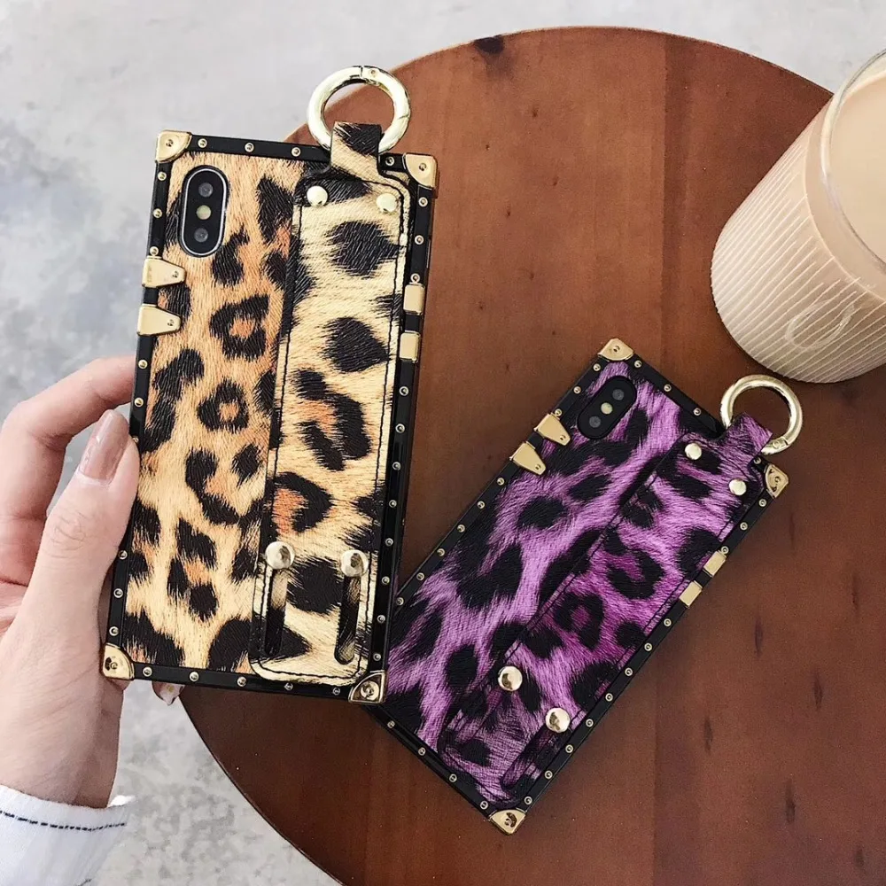

Leopard square Heart Strap Phone Case for iphone X XS XR XS Max 6 6plus Hard Back Cover Case for iphone 7plus 7 6S 6S+Fashion