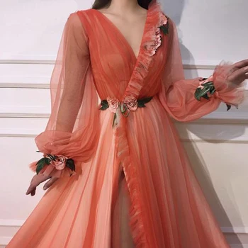 

Orange Elegant V Neck Flower Slit A Line Tulle Evening Dress 2020 A-line Plus Size Vestidos De Fiesta Formal Party Dress